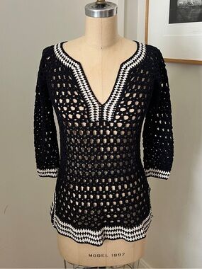 Black and White Open Crochet Swim CoverUp